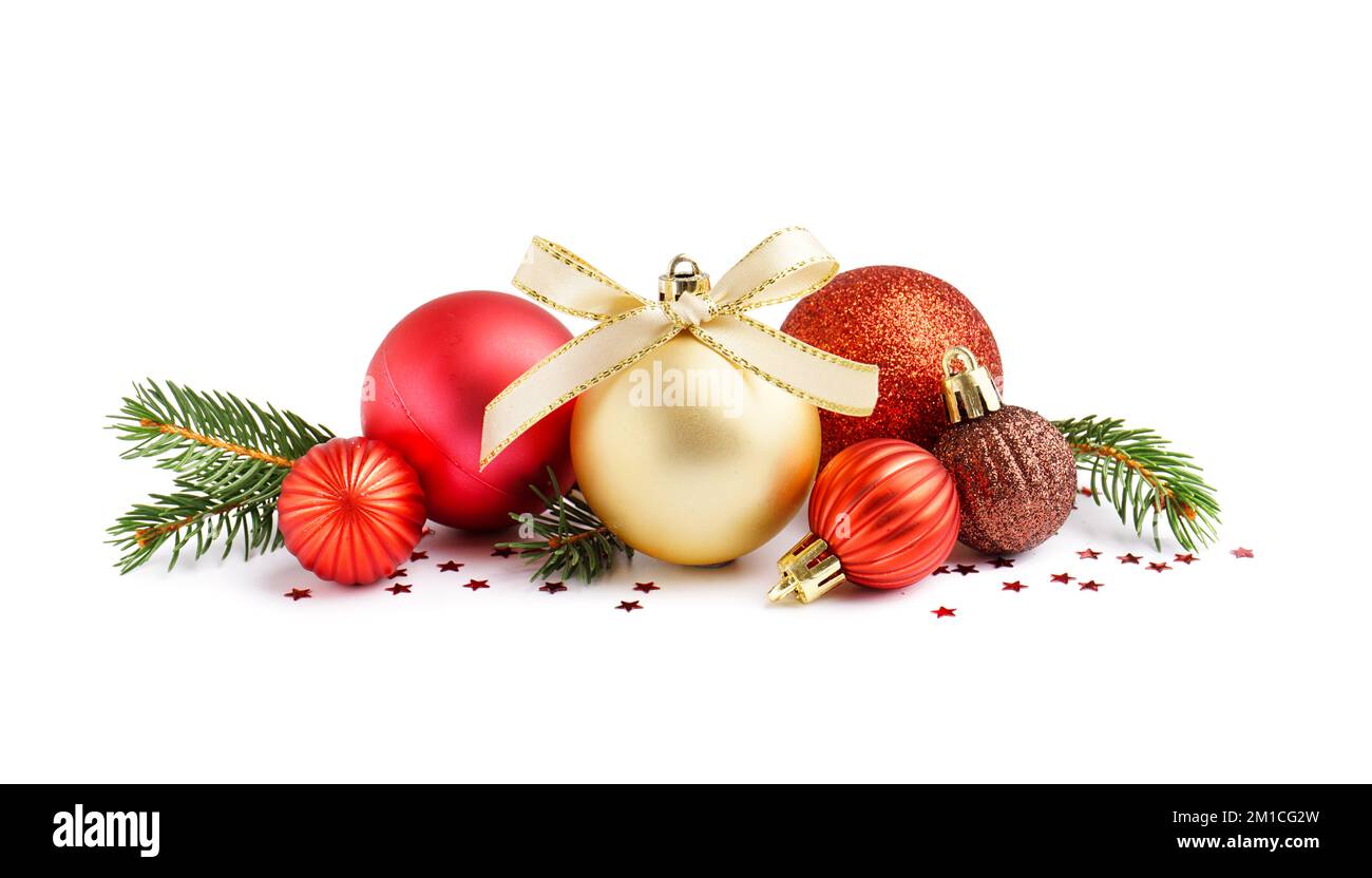 Composition with beautiful Christmas balls and fir branches on white ...