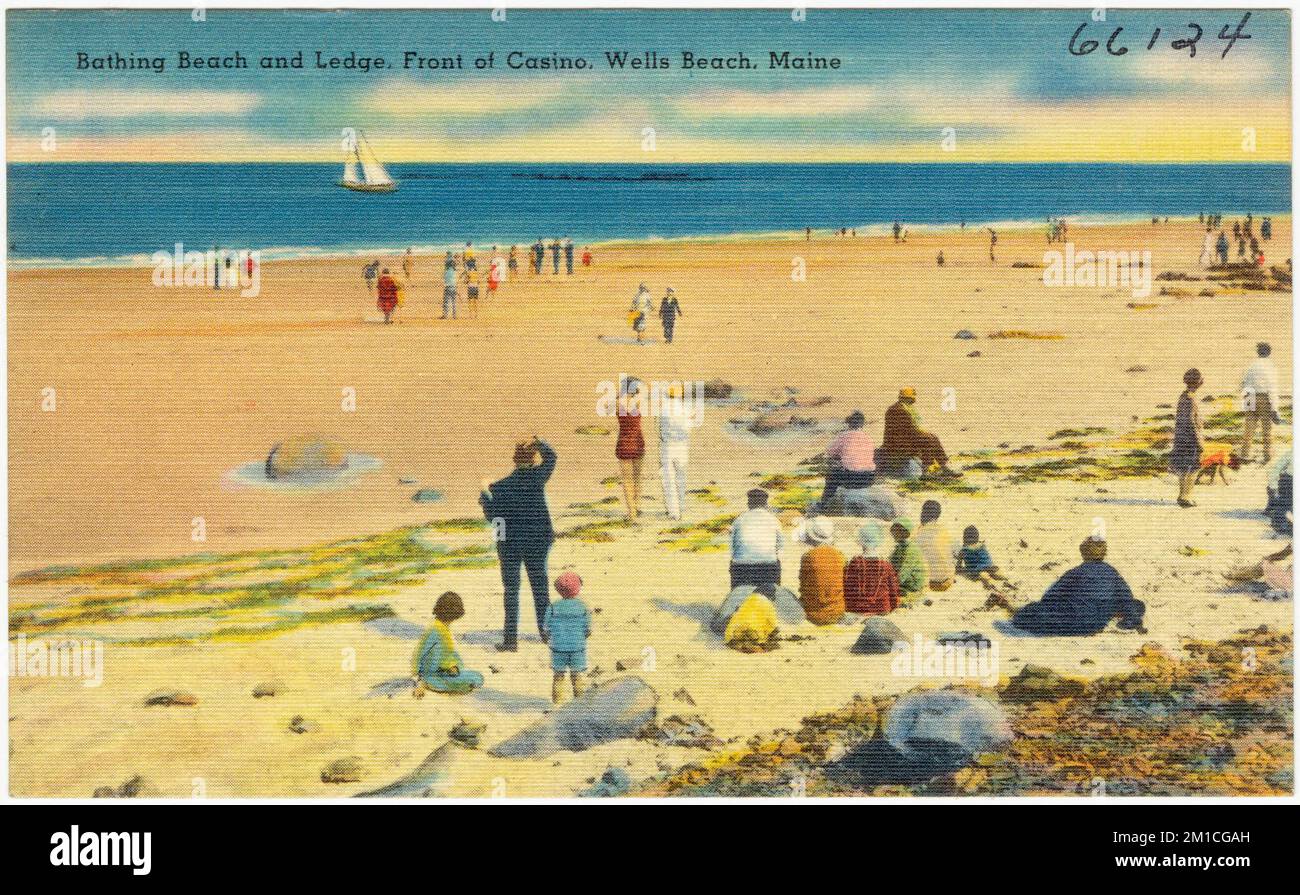 Bathing beach and ledge, front of casino, Wells Beach, Maine , Beaches
