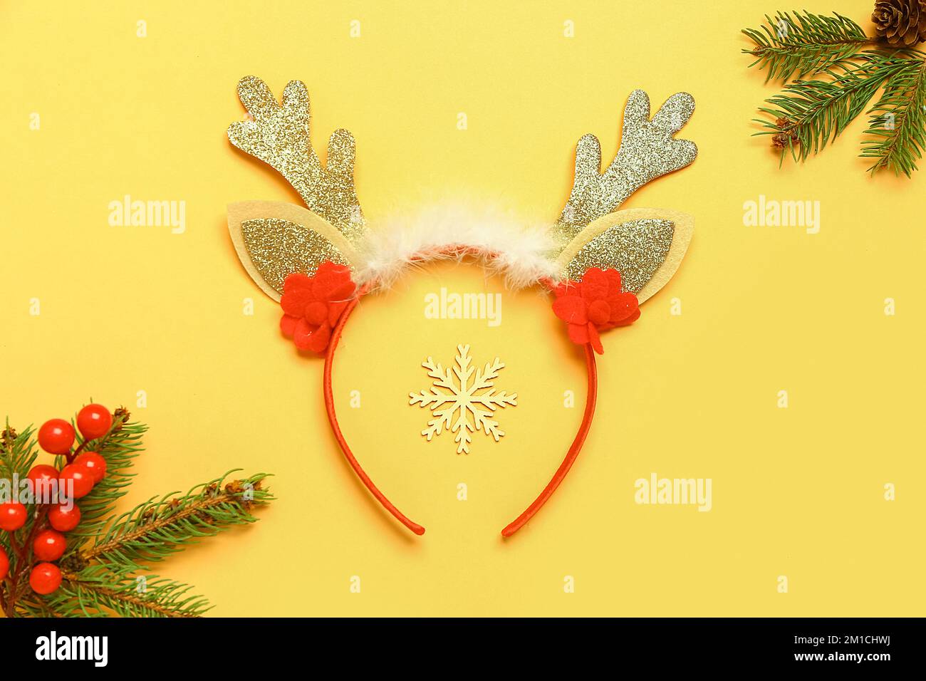 Composition with beautiful Christmas reindeer horns, fir branches and