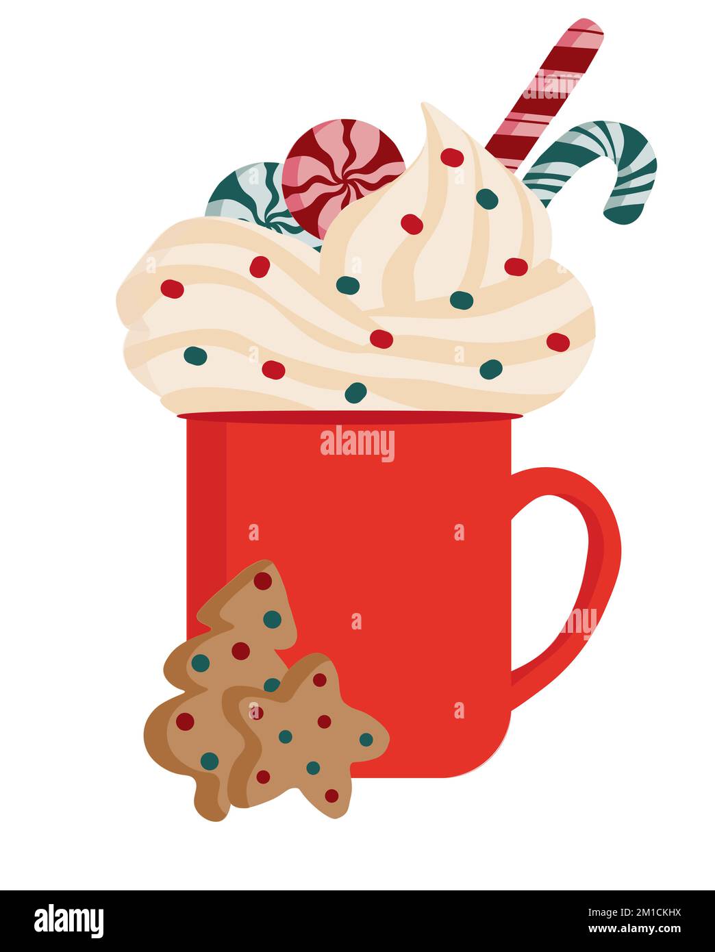 Illustration of red Christmas mug with whipped cream, lollipops, candy cane. Below are gingerbread cookies in the form of Christmas tree and star Stock Vector