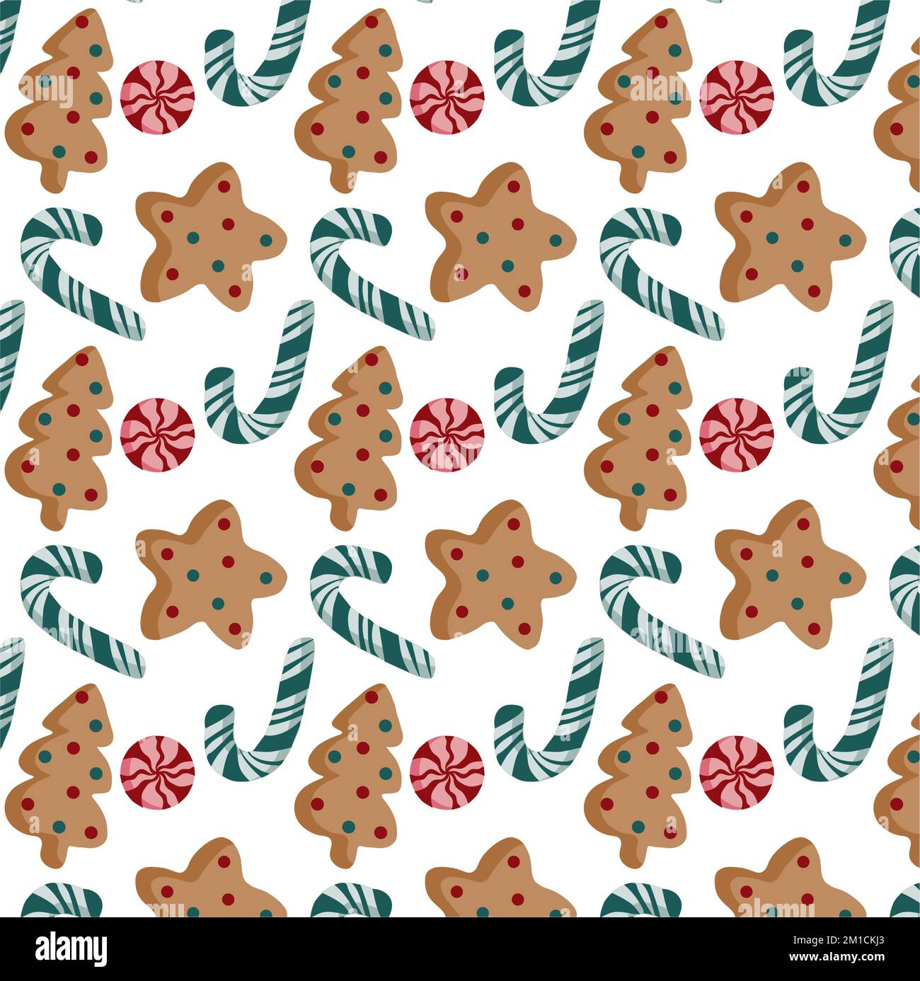 Pattern Christmas with gingerbread in the form of a Christmas tree and a star with sprinkles, lollipops and candy cane on a white background. Stock Vector