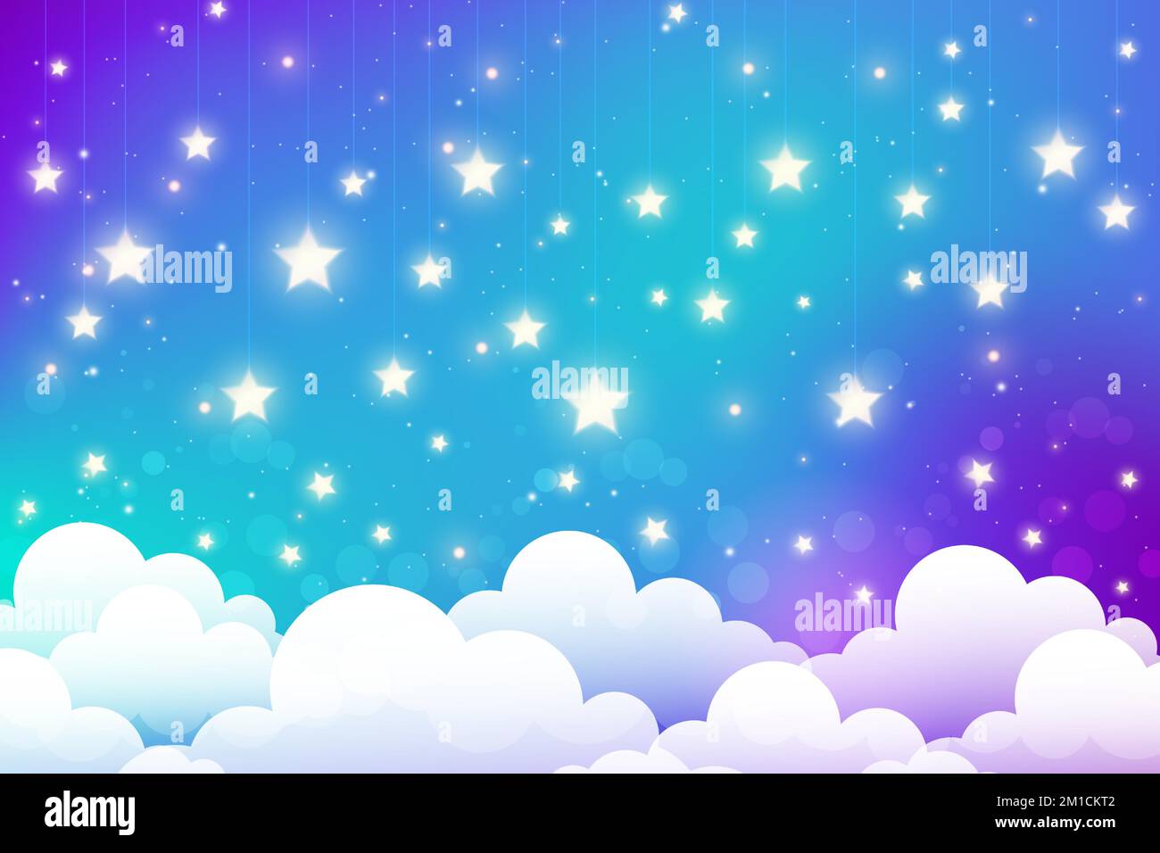 Night sky with stars and clouds. Magical landscape, abstract fabulous pattern. Cute candy wallpaper. Vector cartoon illustration. Stock Vector