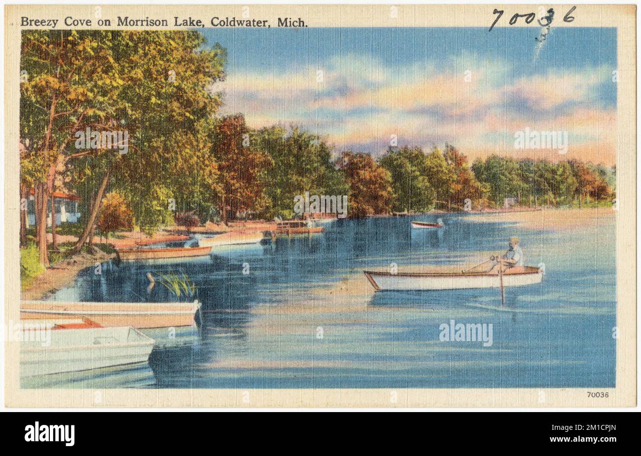 Breezy cove on Morrison Lake, Coldwater, Mich. , Lakes & ponds, Boats, Tichnor Brothers Collection, postcards of the United States Stock Photo