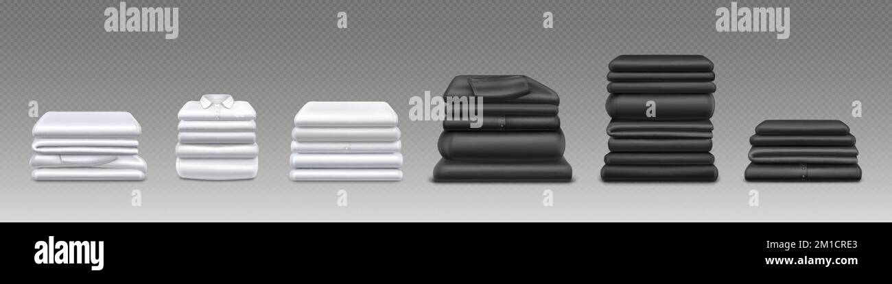 Clean white and black clothes stacks, folded shirts, sweaters and pants isolated on transparent background. Stacks of garment after laundry, washed an Stock Vector