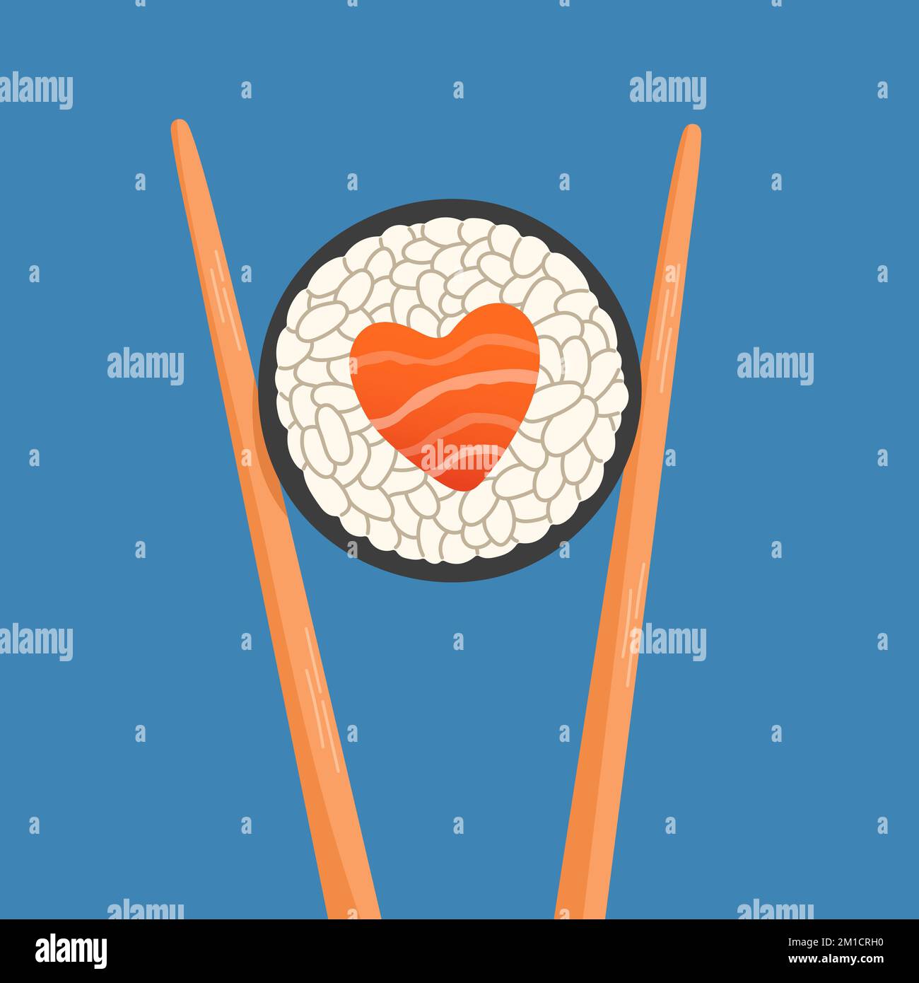 Chopsticks holding sushi roll, heart shape salmon roll, concept of snack, susi, sushi restaurant, sea food Stock Vector