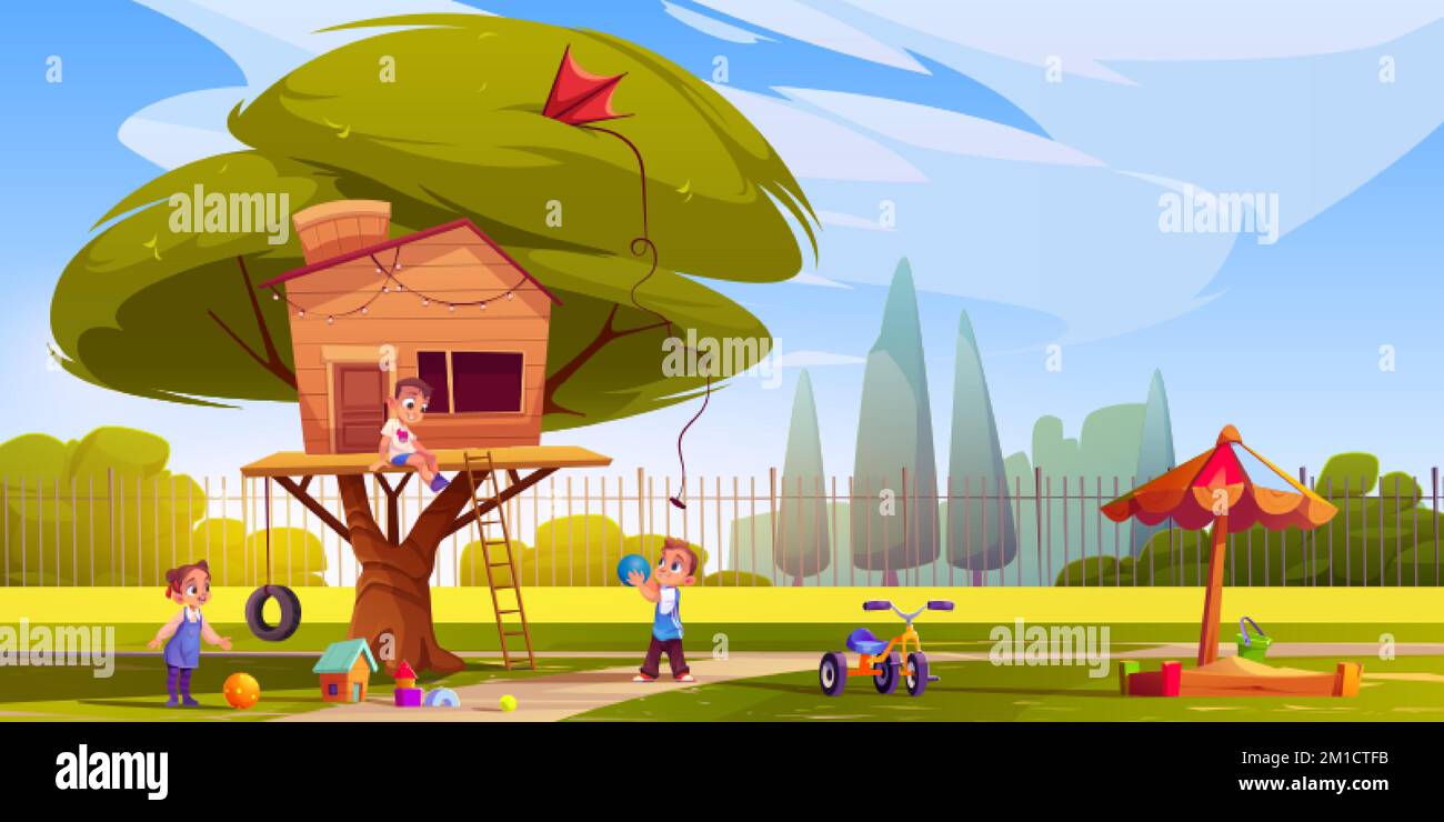 Children play around tree house on street, kids hangout at secret hut camp. Girls and boys fooling, having fun in good mood. Summer outdoors activitie Stock Vector