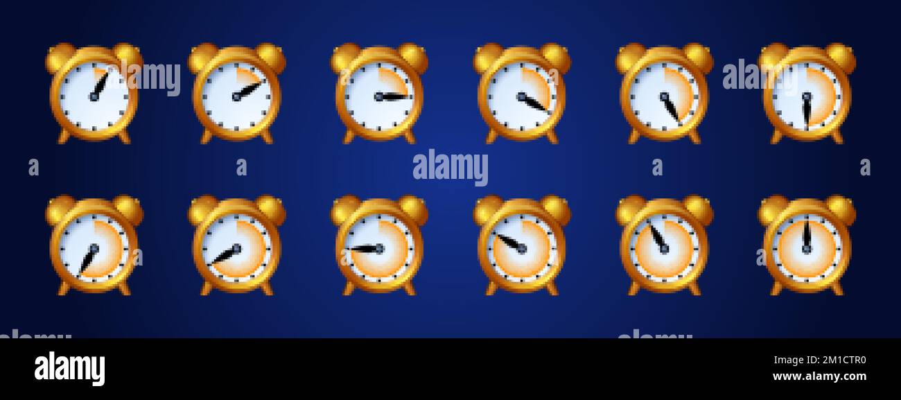 Clock game icons, time animation sprite sheet. Alarm clock with moving
