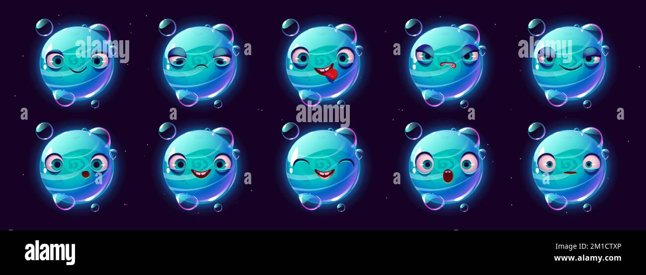Cute blue planet character faces emoji set, cartoon ui space game cosmic object with bubbles, happy, sad, surprised wow face, show tongue and angry. F Stock Vector