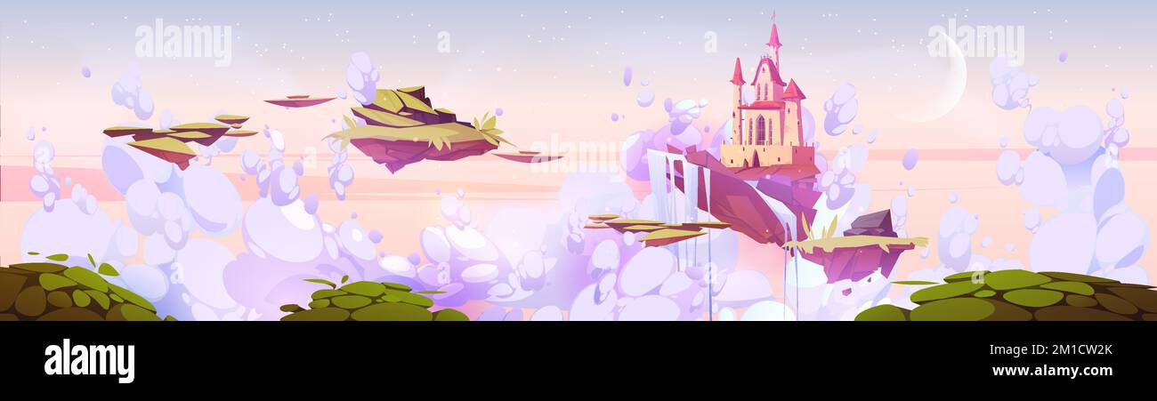 Magic castle on floating island in pink morning sky with fluffy clouds ...
