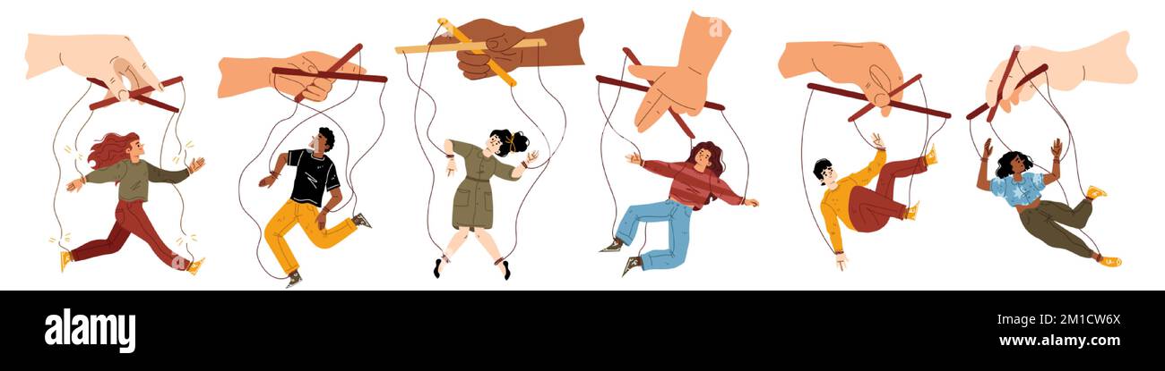 Set of people hang on ropes. Puppeteer hands controlling puppets. Manipulator playing with men and women. Characters being controlled by master, domin Stock Vector