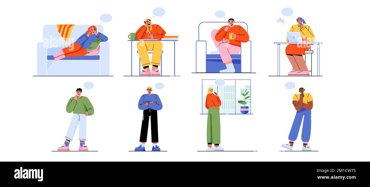 Set of pensive people isolated on white background. Flat vector illustration of young male and female characters with though bulbs, thinking, making d Stock Vector