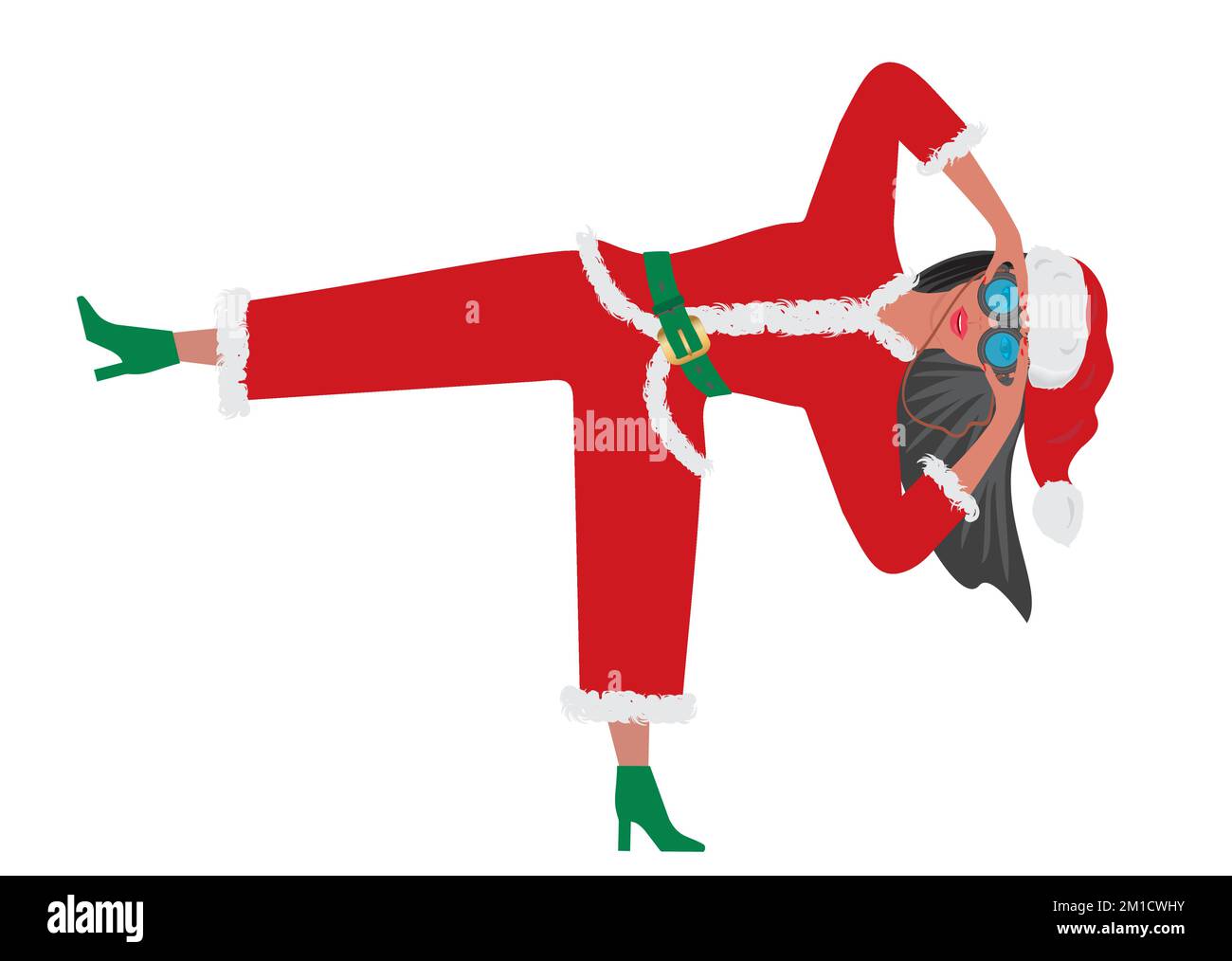Cool woman as Santa Claus, standing on one leg and looking through binoculars. Isolated on white. Vector illustration. Stock Vector