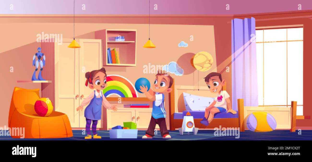 Kids playing in room, children at home interior with bed, furniture and