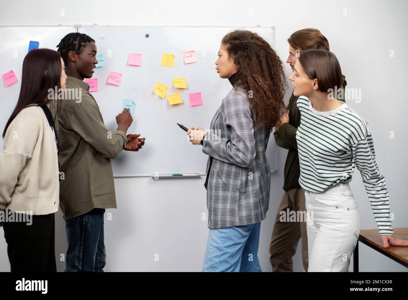 business team discussing sticky notes on the wall Stock Photo - Alamy
