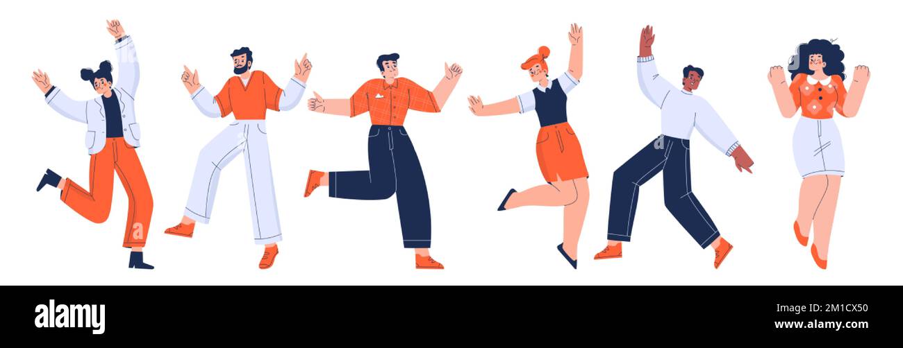 Happy office employees jump with raised arms. People characters in formal wear feel positive emotions, rejoice, celebrate victory or success isolated Stock Vector