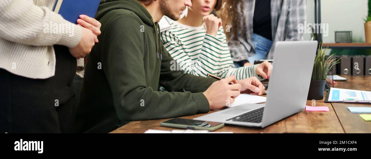young woman analyzing financial data in a coworking center . Stock Photo