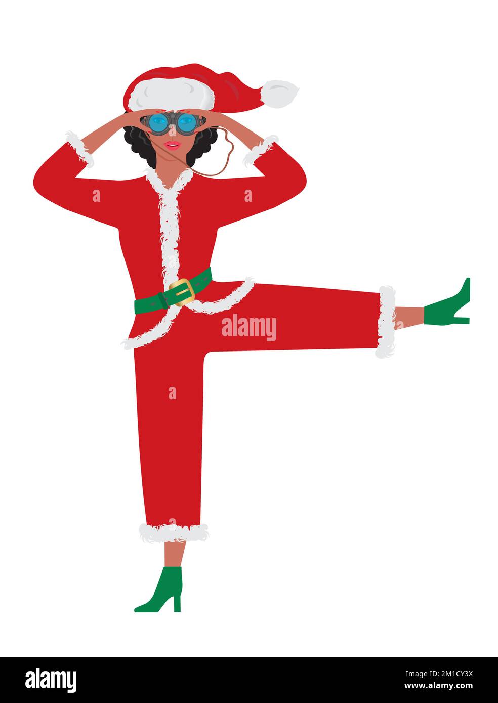 Cute Santa Claus girl, standing on one leg with binoculars. Isolated. Vector illustration. Stock Vector