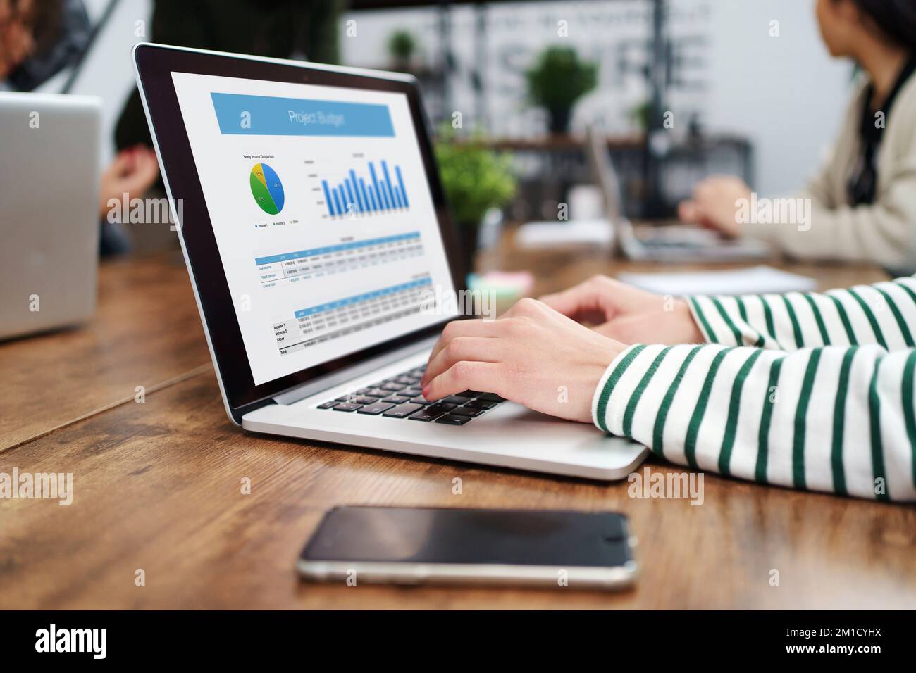 young woman analyzing financial data in a coworking center . Stock Photo