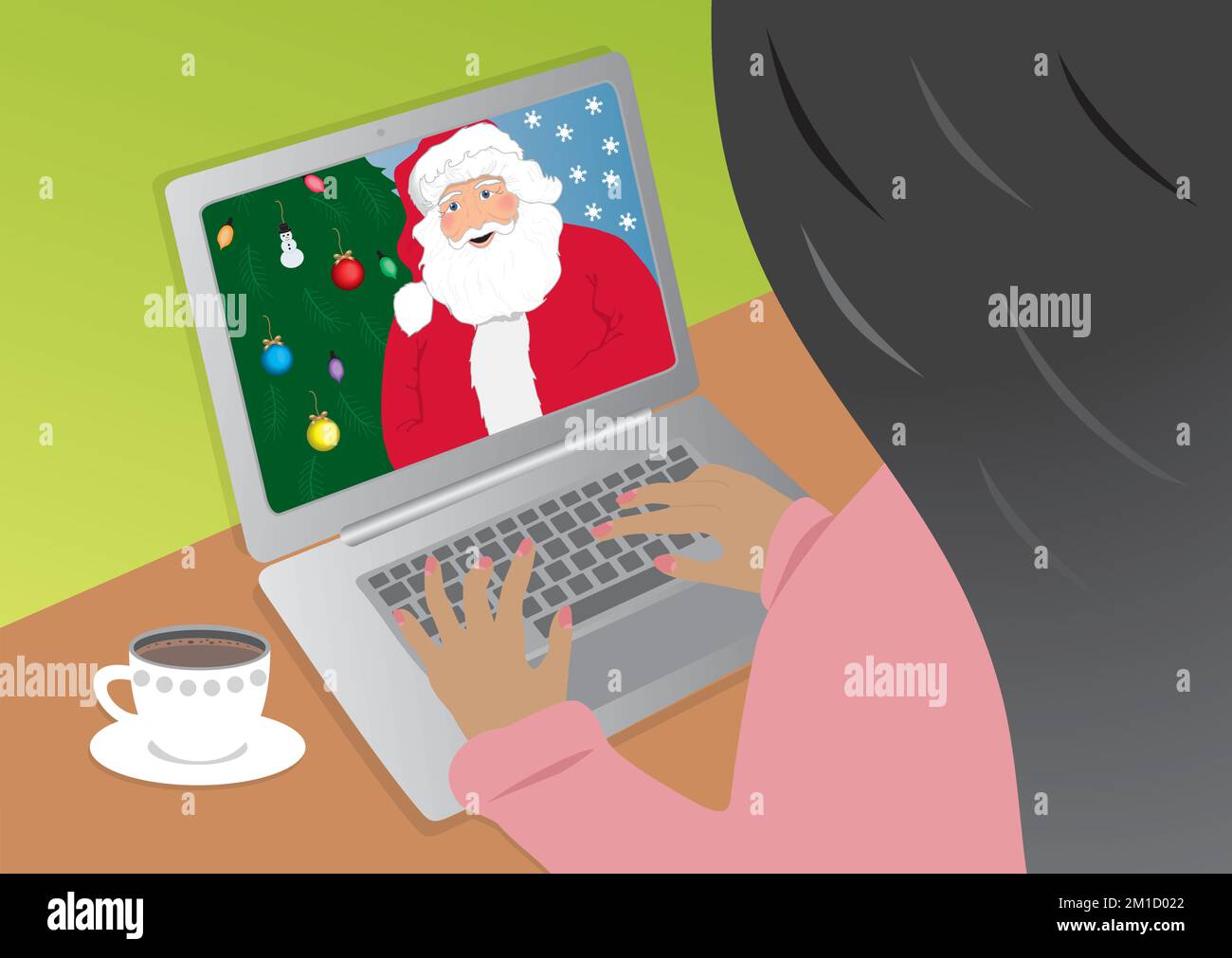 Woman, girl in chat on laptop with Santa Claus. Vector illustration. Stock Vector