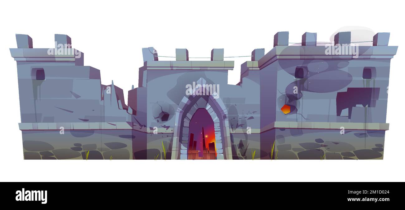 Destroyed medieval castle wall with broken gate, steaming holes and loopholes, cracked stones. Isolated ruined dungeon, temple or palace exterior, building facade. Cartoon 2d game vector graphics Stock Vector