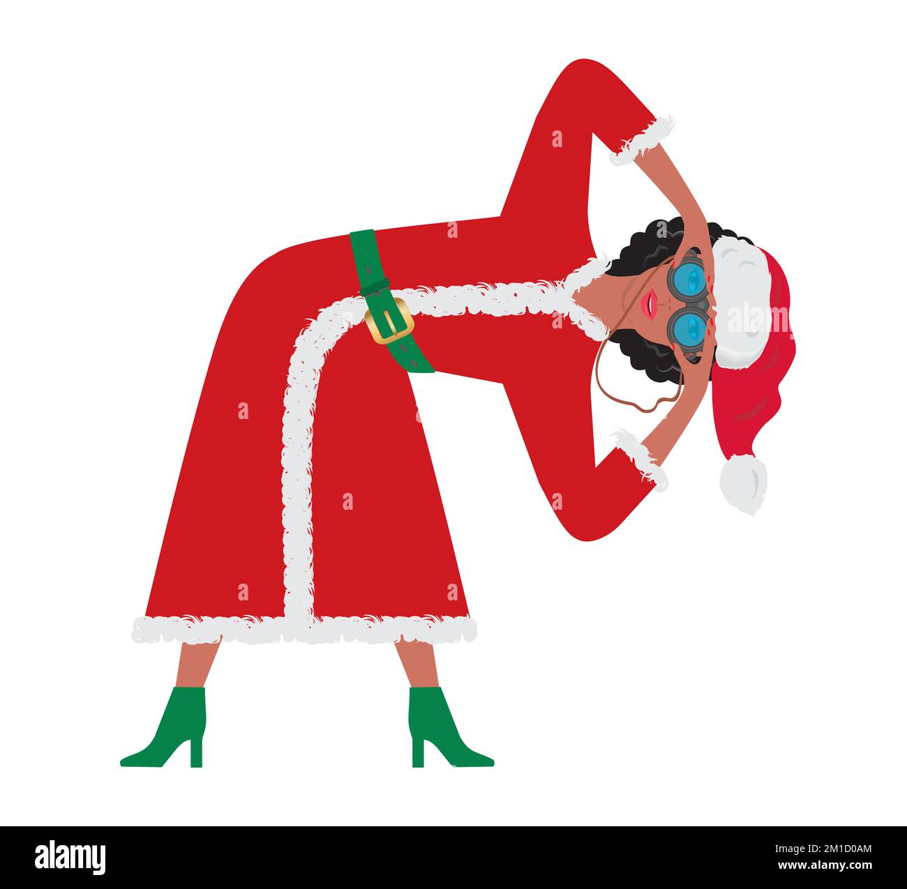 Cute leaning Santa Claus woman with bionculars. Isolated. Vector illustration. Stock Vector