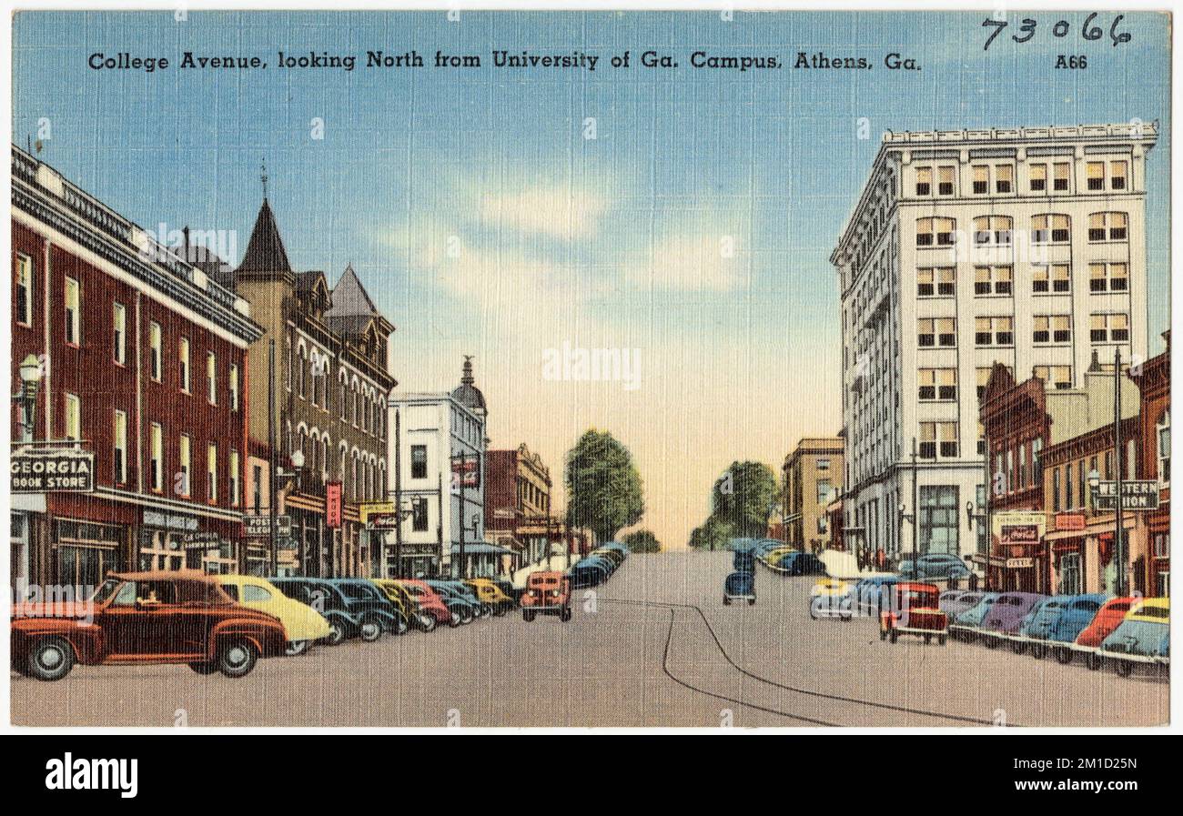 College Avenue, looking north from University at Ga. campus, Athens, Ga. , Cities & towns, Tichnor Brothers Collection, postcards of the United States Stock Photo