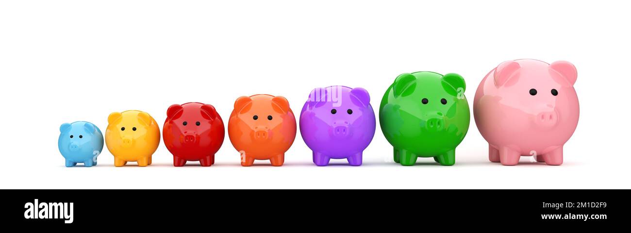 Lined up colorful piggy banks increasing in size on isolated white background. Saving money, investment and financial growth concept. Financial planni Stock Photo