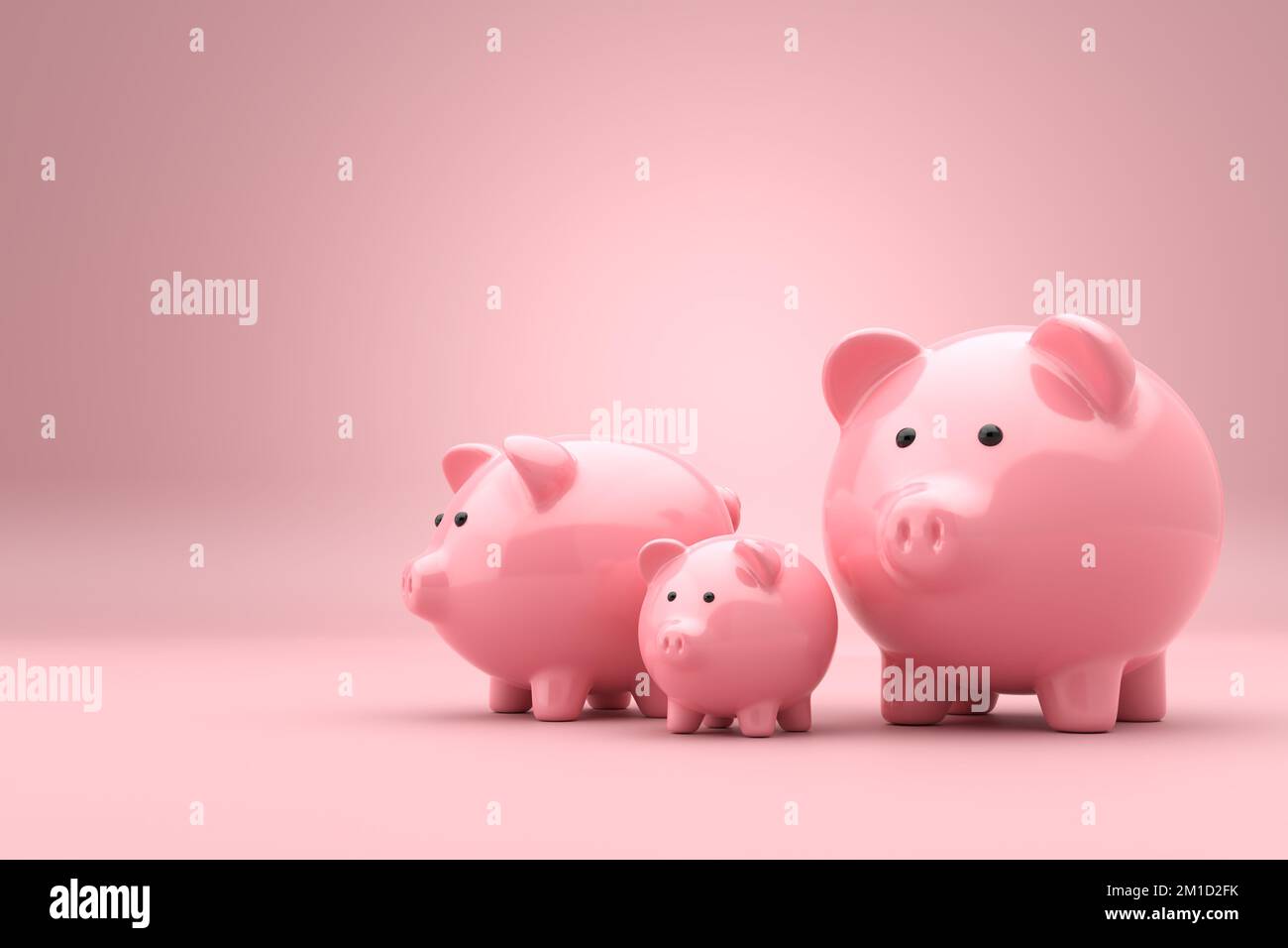 Pink piggy bank family on pink background. Saving money, investment and family household savings concept. Financial planning for the future. 3D render Stock Photo