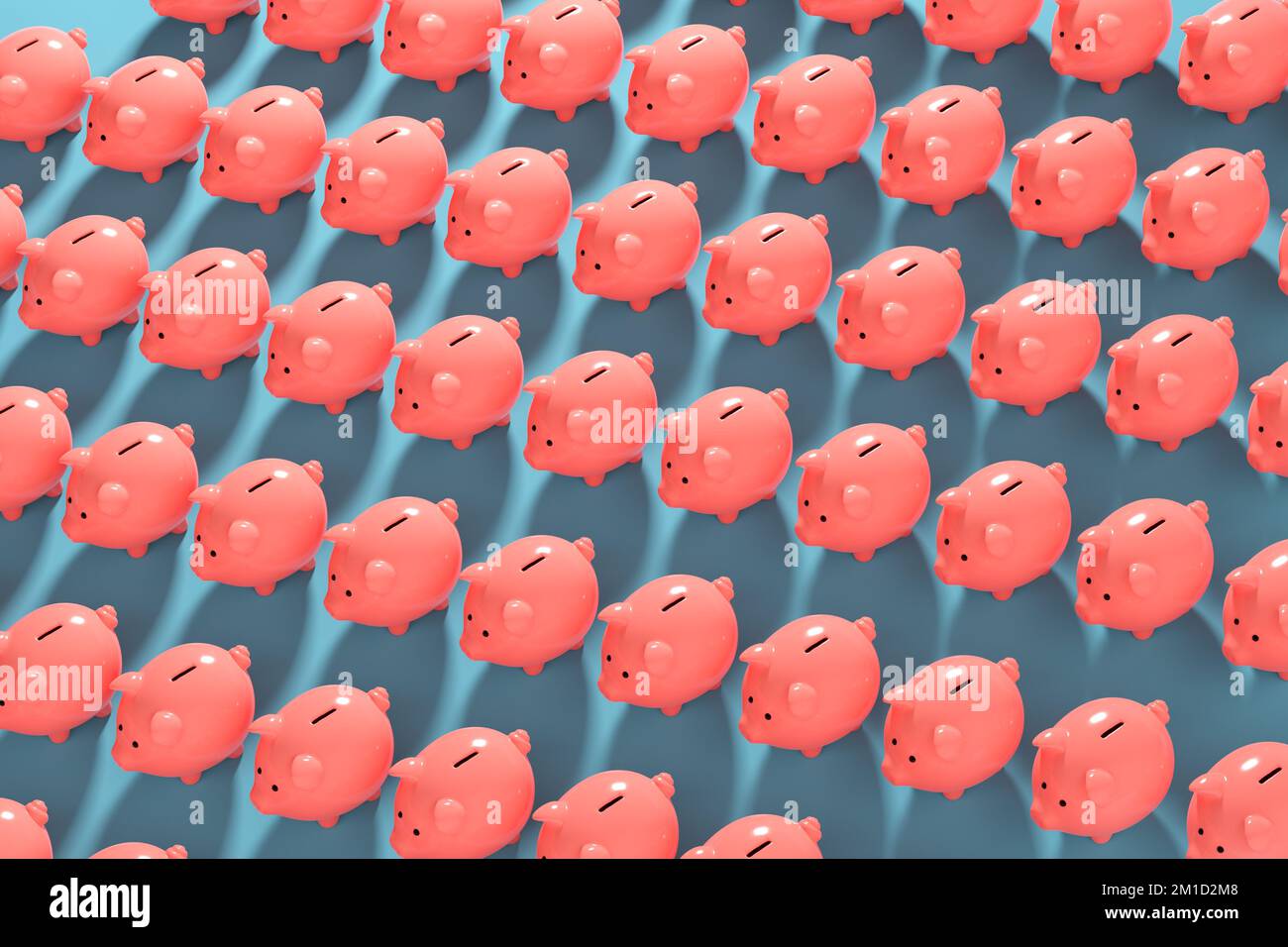 Seamless repetitive Piggy Bank pattern on blue background. Saving money, financial investment and household budget concepts. 3D rendering. Stock Photo