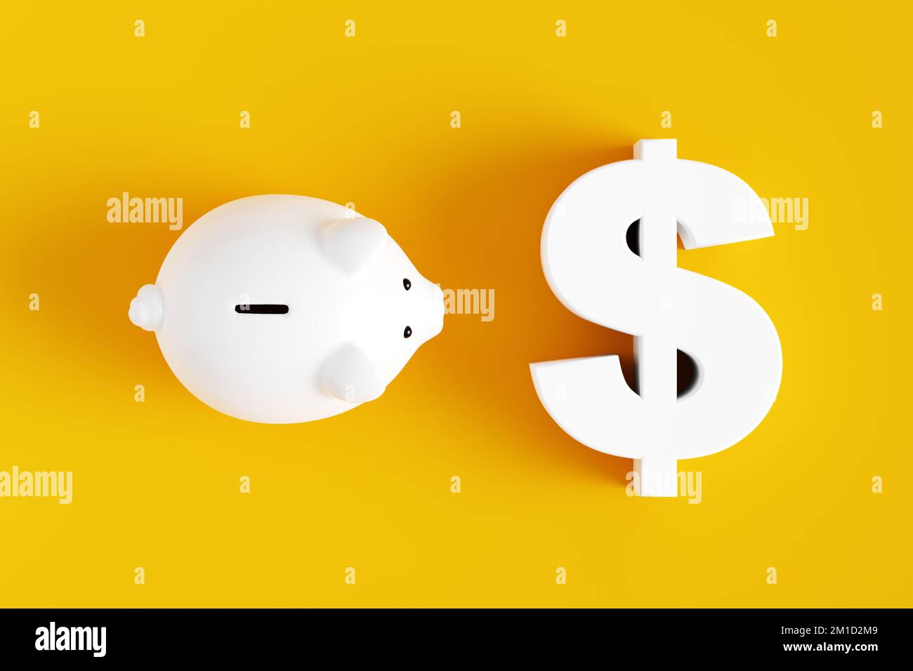 White piggy bank moves towards the US dollar symbol on yellow background. Saving money, financial investment and household budget concepts. 3D renderi Stock Photo