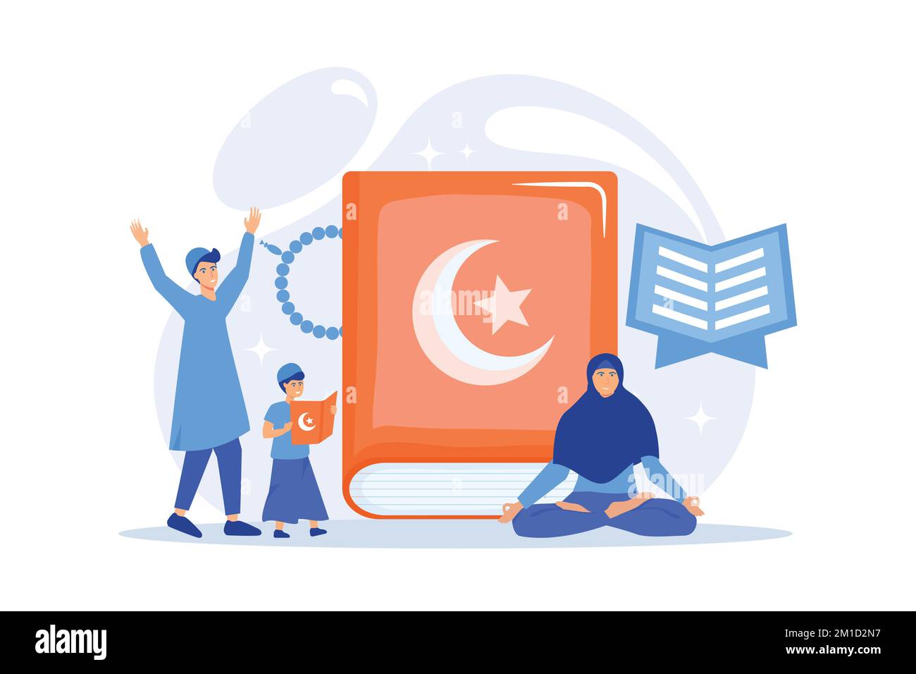 Muslim family in traditional clothes reading holy book Quran, tiny people. Five Pillars of Islam, Islamic calendar, Islamic culture concept. flat vect Stock Vector