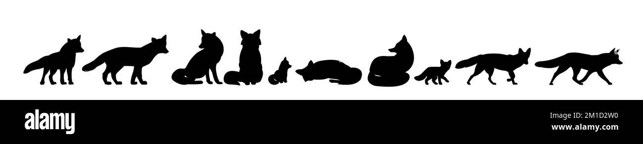 Foxes set. Horizontally composition. Animal silhouette. Wild life picture. Isolated on white background. Vector. Stock Vector