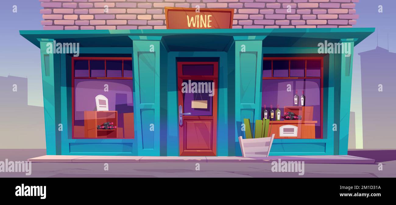 Wine shop facade, alcohol production store front, city architecture