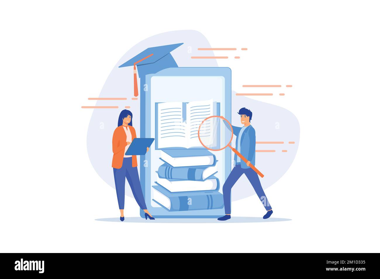 Students with magnifier reading stack of e-books in smartphone education app. Mobile learning, learning application, m-learning education concept. fla Stock Vector