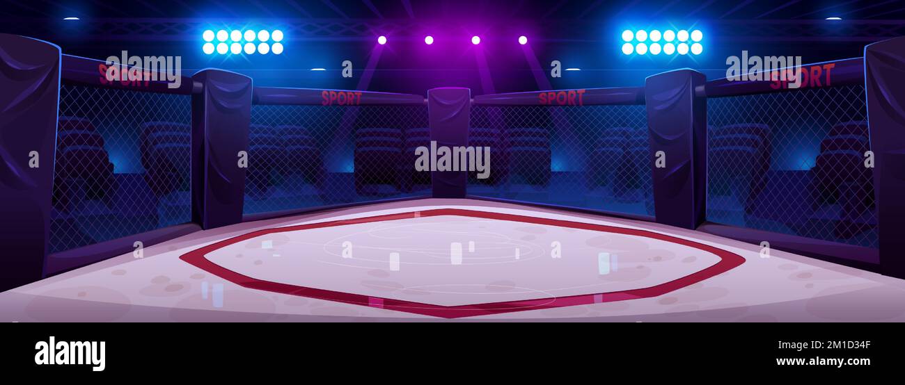 Ring octagon, arena for boxing fight and MMA championship competitions. Cartoon background with stage surrounded with chainlink fence, spotlights and empty spectator seats, Vector illustration Stock Vector