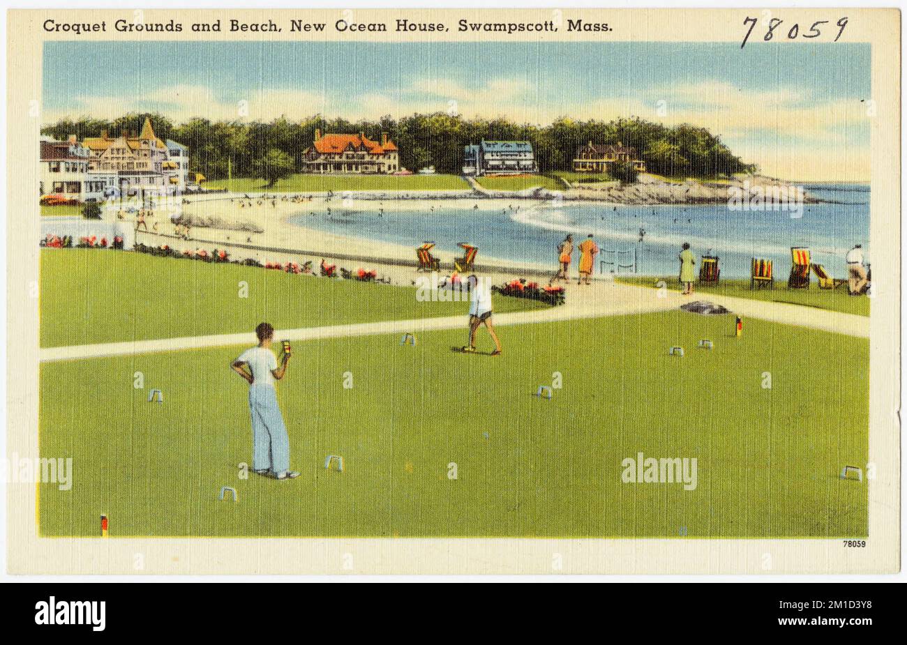Croquet grounds and beach, New Ocean House, Swampscott, Mass. , Beaches, Croquet, Tichnor Brothers Collection, postcards of the United States Stock Photo