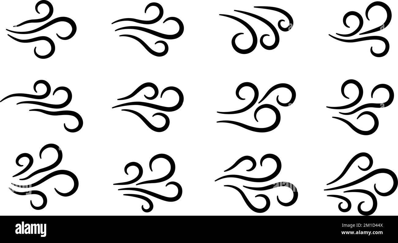 Hand drawn wind air flow icon set. Free breath symbol. Fresh air flow sign. Doodle wind blow icons collection. Weather symbol. Climate design element Stock Vector