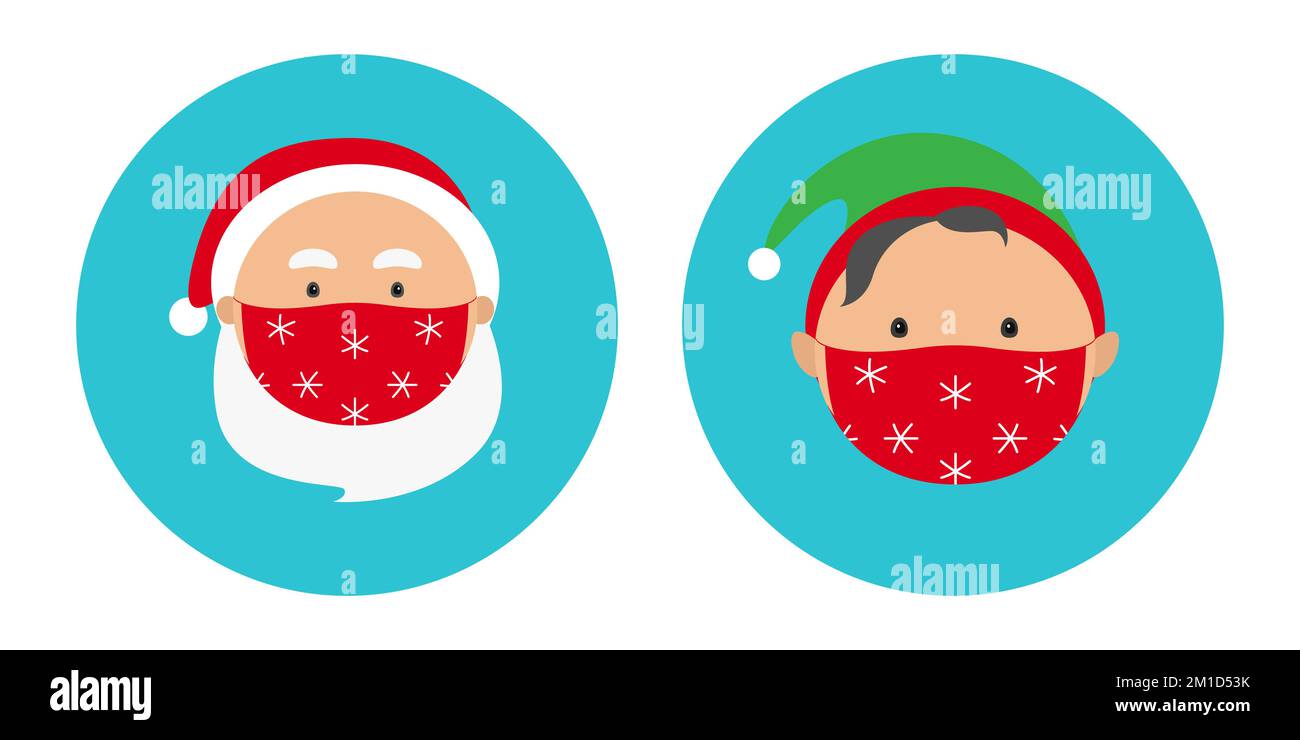 Avatars of Santa Claus and Christmas elf in face masks. Vector icon. Stock Vector