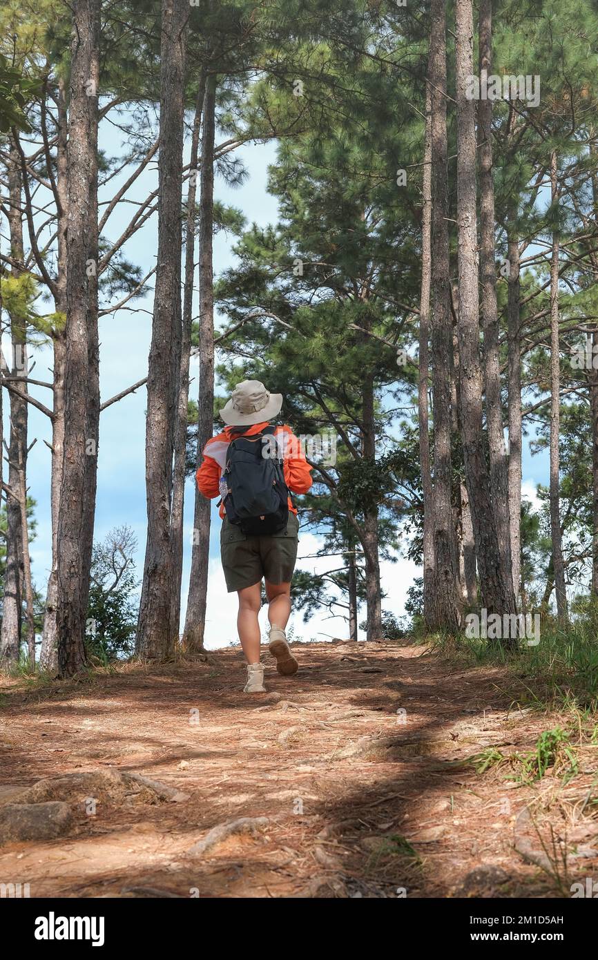 Female ecologist with backpacks walking and studying plants in the
