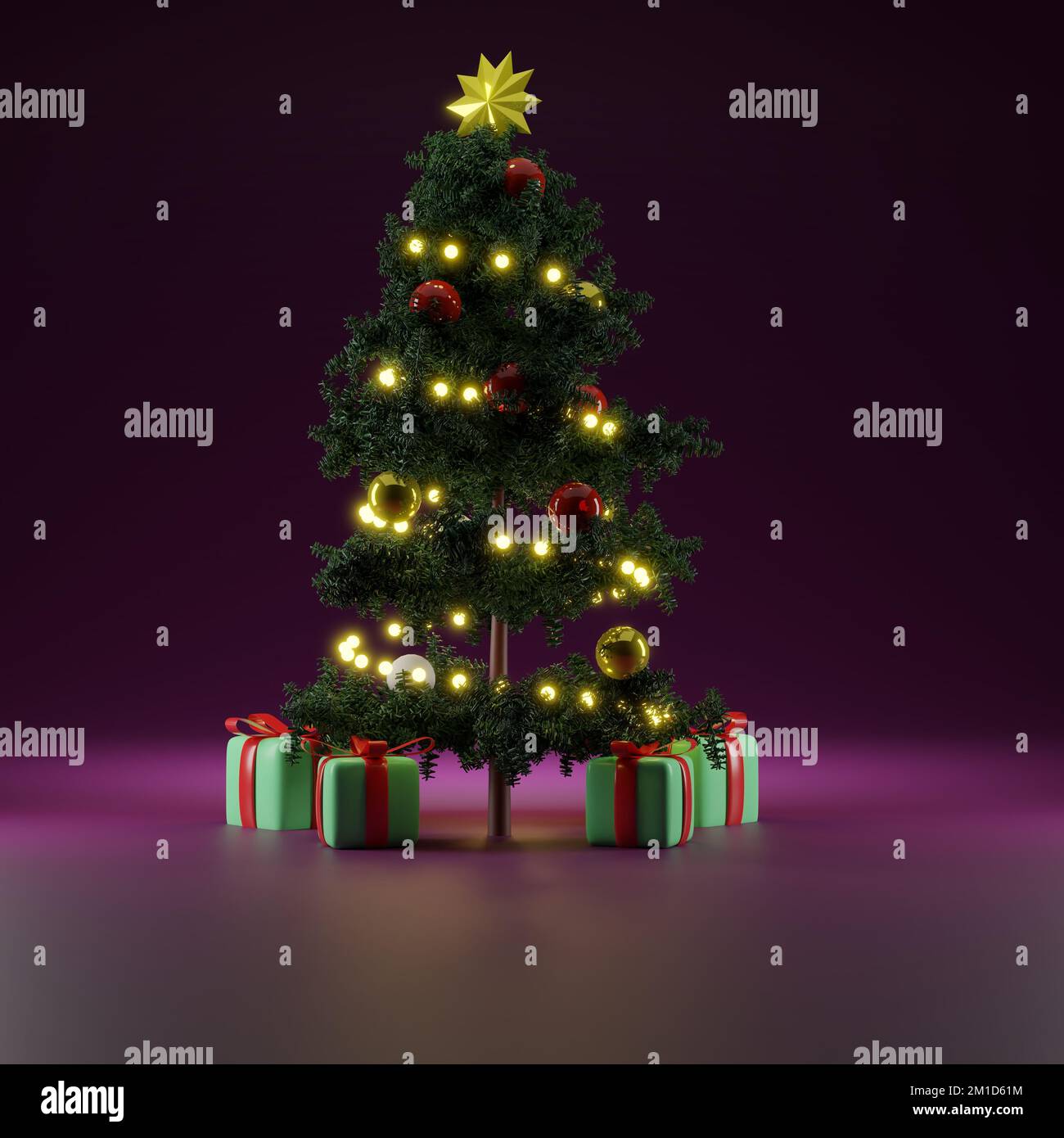 A 3D rendering of a Christmas tree with gift boxes on purple background ...