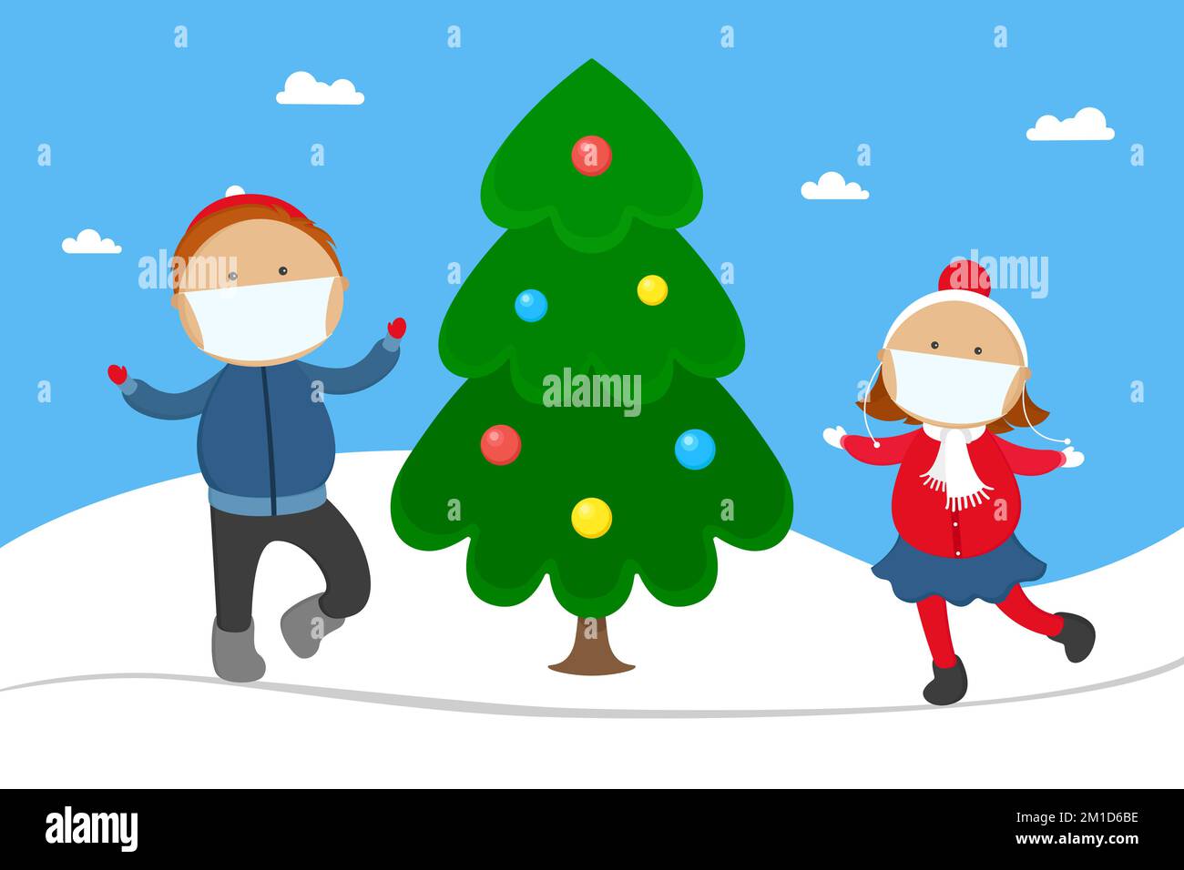 Children in medical masks rejoice near Christmas tree. Cartoon. Vector