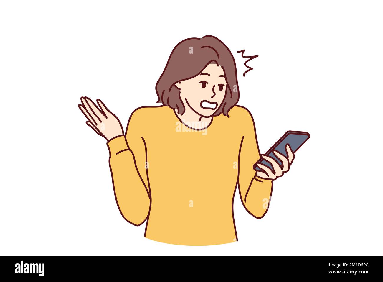 Puzzled woman holding phone and reading unpleasant messages from bank makes wave of hand. Bewildered girl reading fake news in smartphone and nervous about false information. Flat vector illustration Stock Vector