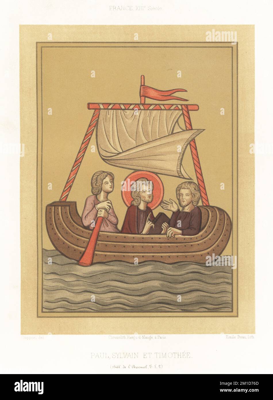 Saint Paul in halo with Silas and Timothy on a small sailboat with a single mast, sail and rudder. Paul, Sylvain et Timothee, From the Book of Thessalonicans in a manuscript Bible, MS T.L. 2, Bibliotheque de l'Arsenal, 13th century. France, XIIIe Siecle. Chromolithograph by Emile Beau after an illustration by Claudius Joseph Ciappori from Charles Louandre’s Les Arts Somptuaires, The Sumptuary Arts, Hangard-Mauge, Paris, 1858. Stock Photo