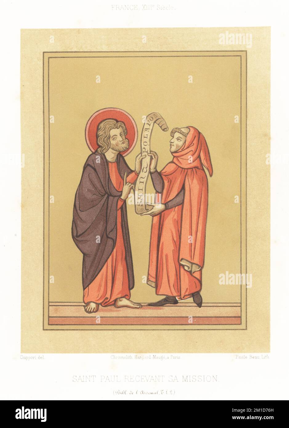 Saint Paul in monk's habit and capuchon hood receiving his mission Seirapoledos from God in a halo. Saint Paul recevant sa mission. From the Letter to the Galatians in a manuscript Bible, MS T.L. 2, Bibliotheque de l'Arsenal, 13th century. France, XIIIe Siecle. Chromolithograph by Emile Beau after an illustration by Claudius Joseph Ciappori from Charles Louandre’s Les Arts Somptuaires, The Sumptuary Arts, Hangard-Mauge, Paris, 1858. Stock Photo