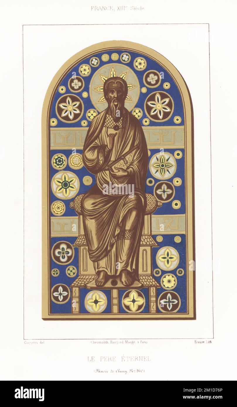 The eternal father in enamel on copper, France, 13th century. Figure of God the Father in halo, seated on a throne, in ecclesiastical robes, blessing with one hand, holding a book in the other. Le Pere Eternel, France XIIIe siecle. Musee de Cluny, No. 960. Chromolithograph by Krause after an illustration by Claudius Joseph Ciappori from Charles Louandre’s Les Arts Somptuaires, The Sumptuary Arts, Hangard-Mauge, Paris, 1858. Stock Photo