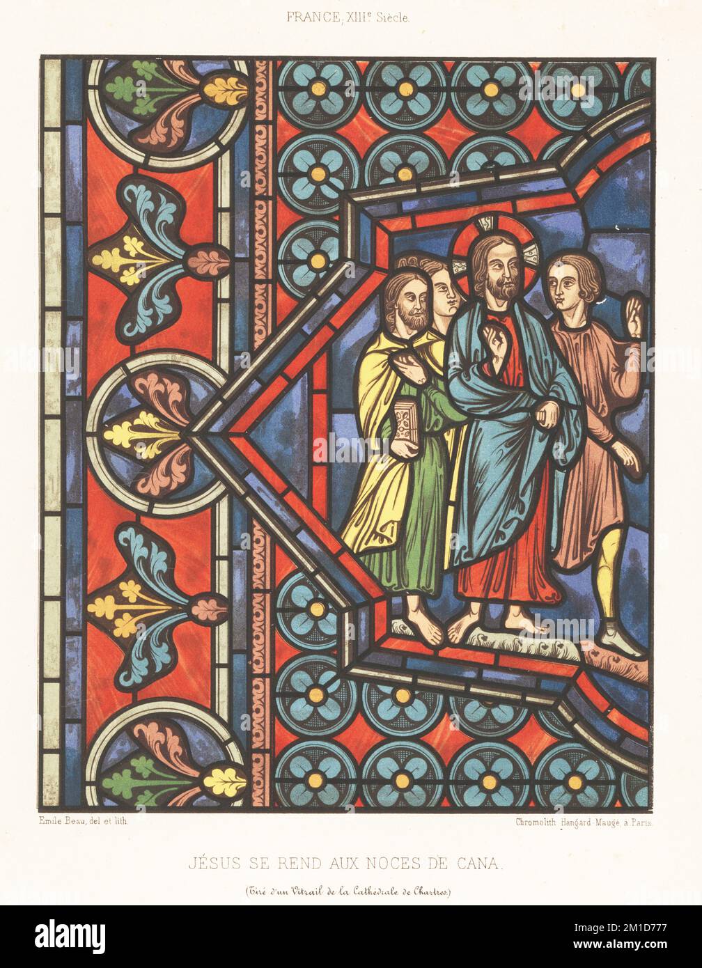 Jesus and disciples at the wedding in Cana. In the King Louis IX style with elegant draperies, large eyes, and calm attitude. From a stained-glass window in Chartres Cathedral, France, 13th century. Jesus se rend aux noces de Cana, France, XIIIe siecle. Chromolithograph by Emile Beau from Charles Louandre’s Les Arts Somptuaires, The Sumptuary Arts, Hangard-Mauge, Paris, 1858. Stock Photo