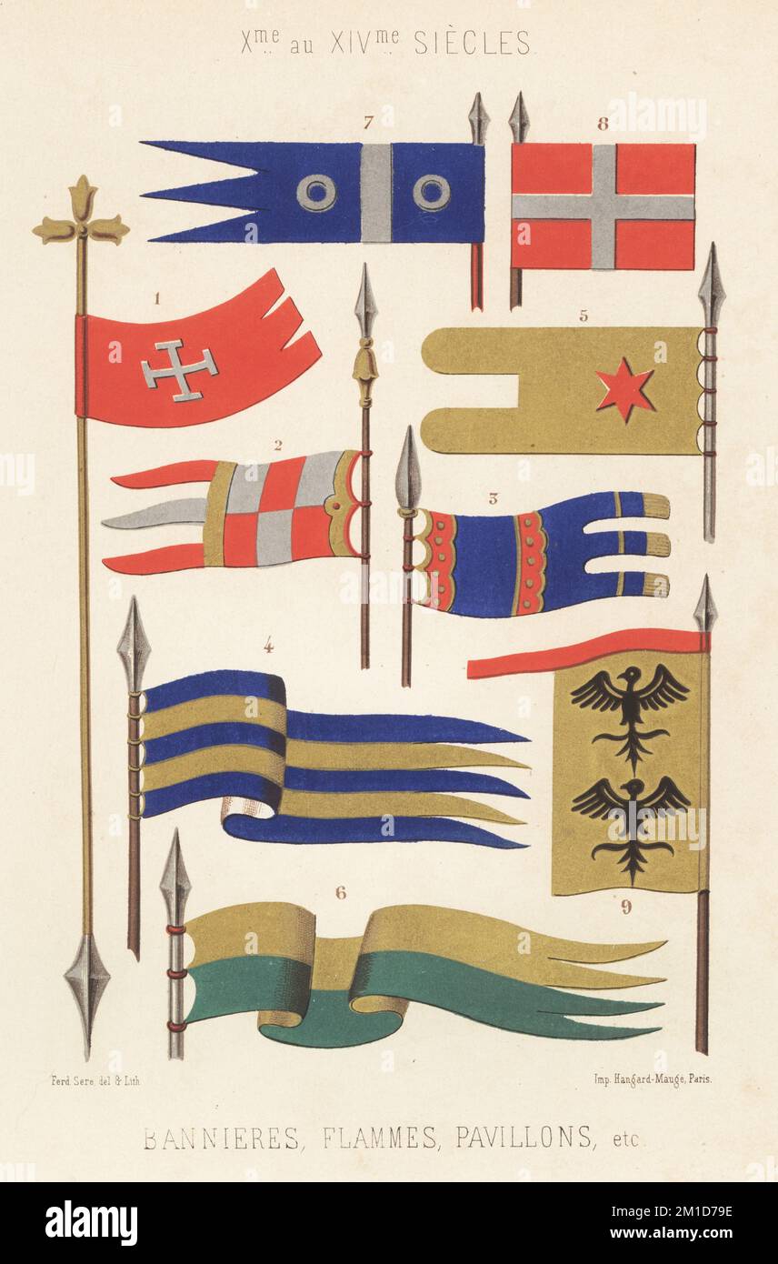 Banners, pennants, ensigns, etc., 10th to 14th century. Pennon or penonceau, showing ranks of chivalry, 2,3,4,6. Military flags, pavilion or tent banners with coats of arms. Bannieres, flammes, pavillons, Xe au XIVe siecles. Chromolithograph by Ferdinand Sere from Charles Louandre’s Les Arts Somptuaires, The Sumptuary Arts, Hangard-Mauge, Paris, 1858. Stock Photo