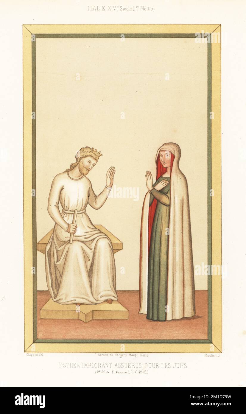 Jewish queen Esther or Hadassah pleading with her husband King Ahasuerus of Persia. Depicted in Italian fashions of the early 14th century. Esther implorant Assuerus pour les Juifs.  From Italian MS T.L. 42 B, Bibliotheque de l'Arsenal. Italie XIVe Siecle. Chromolithograph by Moulin after an illustration by Claudius Joseph Ciappori from Charles Louandre’s Les Arts Somptuaires, The Sumptuary Arts, Hangard-Mauge, Paris, 1858. Stock Photo