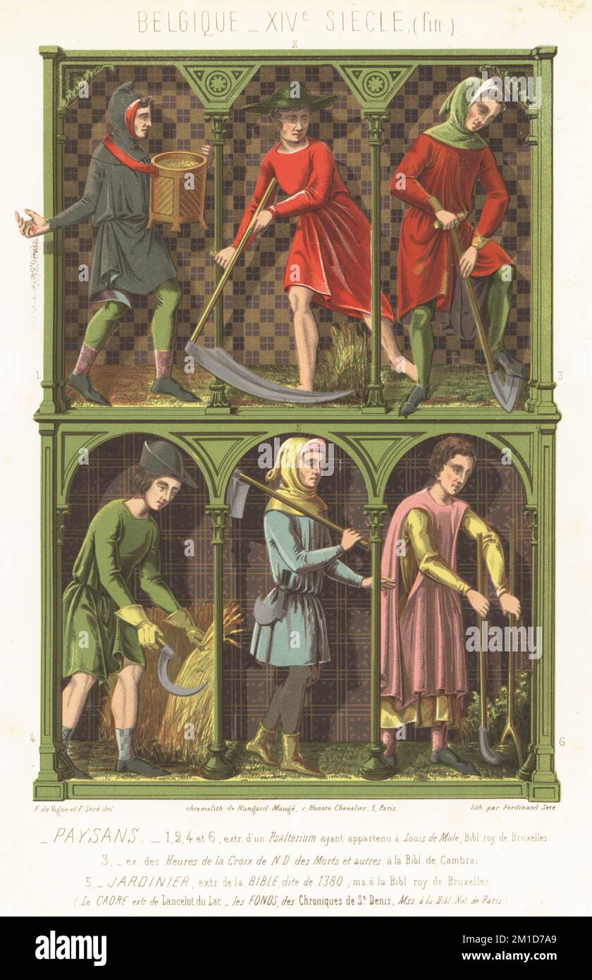 Costumes of Belgium in the 14th century. Peasants in tunics, hoods and boots sowing seeds, laboring with scythe, sickle and spade 1,2,3,4,6, and gardener with adze 5. 1,2,4,6 taken from a Psalterium, Bib. Roy. de Bruxelles, 3 from Heures de la Croix, Bib. de Cambrai, and 5 from Bible de 1380, Bib. Roy. de Bruxelles. Paysans, Jardinier, Belgique, XIVe siecle. Chromolithograph by Ferdinand Sere and Felix de Vigne from Charles Louandre’s Les Arts Somptuaires, The Sumptuary Arts, Hangard-Mauge, Paris, 1858. Stock Photo