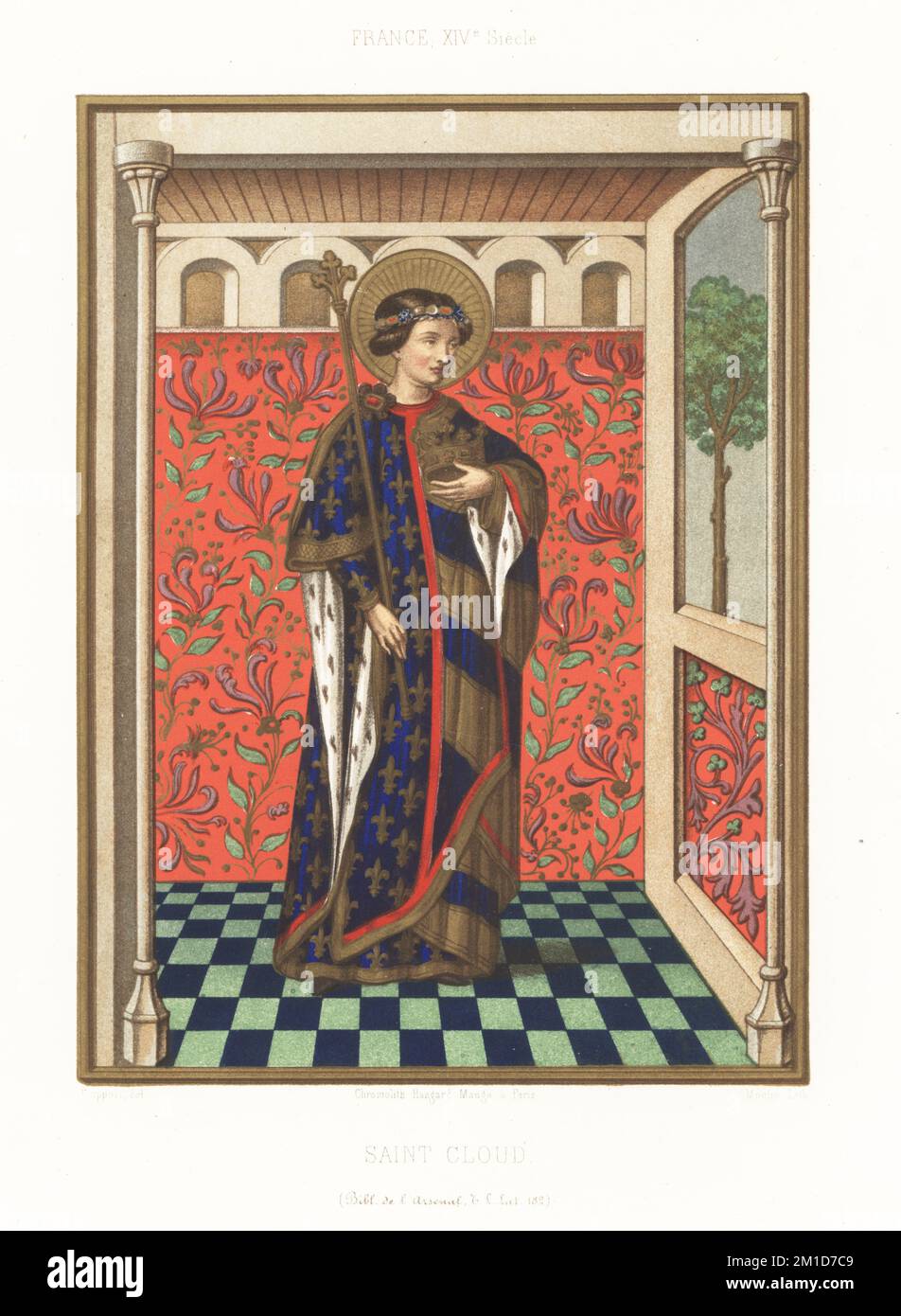 Saint Clodoald or Saint Cloud, Merovingian prince, grandson of Clovis I and son of Chlodomer, 522-560. In halo, diadem, armorial robe with fleurs-de-lys, holding crown and sceptre. He renounced royalty and became a hermit and monk. Depicted in French costume of the 14th century. From a missal made for Denis du Moulin, Bishop of Paris, MS 182, Bibliotheque de l'Arsenal. France XIVe Siecle. Chromolithograph by Moulin after an illustration by Claudius Joseph Ciappori from Charles Louandre’s Les Arts Somptuaires, The Sumptuary Arts, Hangard-Mauge, Paris, 1858. Stock Photo